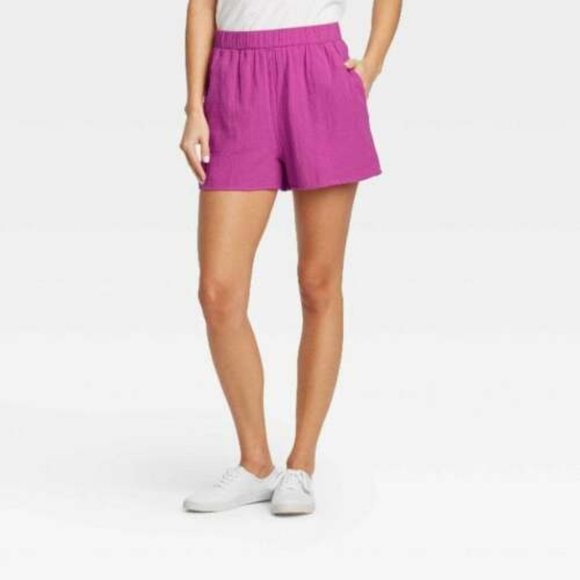 NEW Choose Sz Fuchsia Pink Elastic Waist Cotton Pull On Shorts Side Pockets - Picture 1 of 3